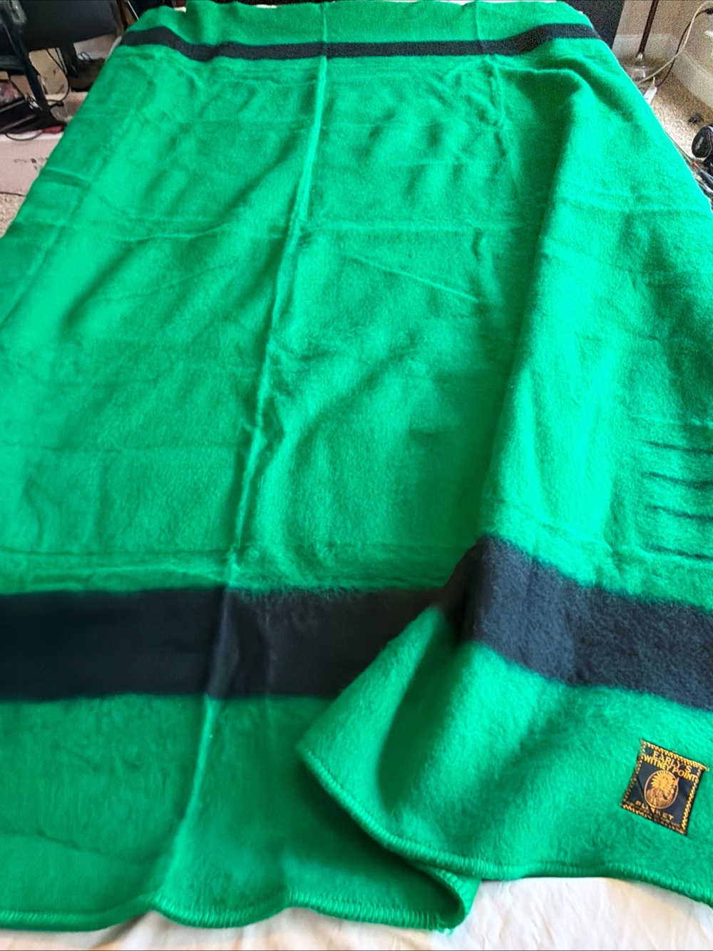 Vintage Early's Witney Point Green Wool 4 Point Blanket From England 93 x 74